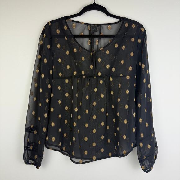 Lucky Brand Womens Medallion Embroidered Keyhole Sheer Black/Gold Blouse Medium - Picture 1 of 9